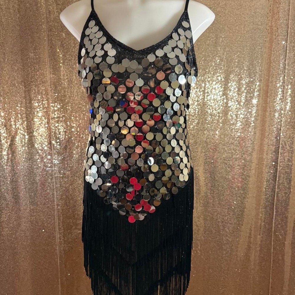 Silver Sequin Fringe Flapper Black Coins Party Dance Mini Dress/One Size